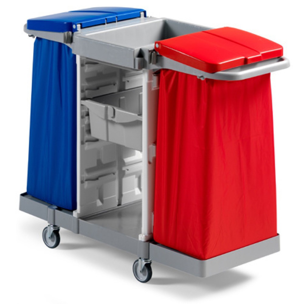 Chariot de ménage Duo, 2 cadres support pour sacs de 120 litres, 2 corbeilles