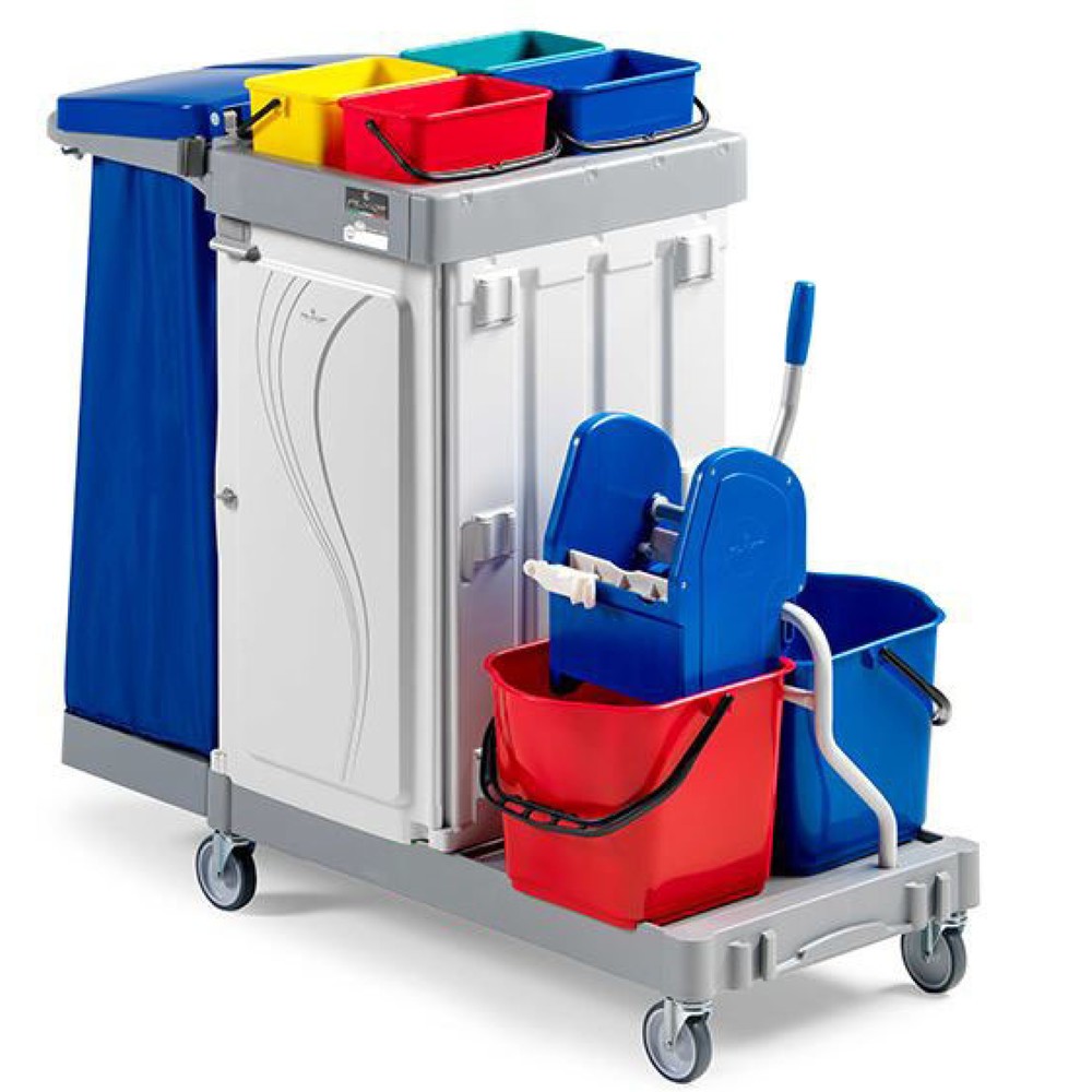 Chariot de nettoyage Poly III, 2x 15 litres avec presse à serpillière + 4x 4 litres, compartiments au centre verrouillables