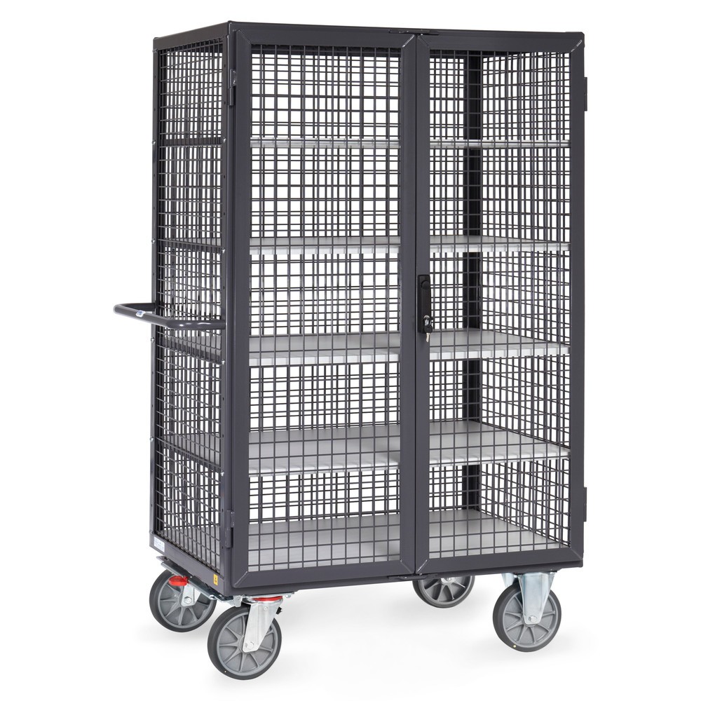 Chariot fermé tôlé ESD fetra®, capacité de charge de 750 kg, ridelles grillagées, porte à double battant, 5 étagères de 1 000 x 680 mm