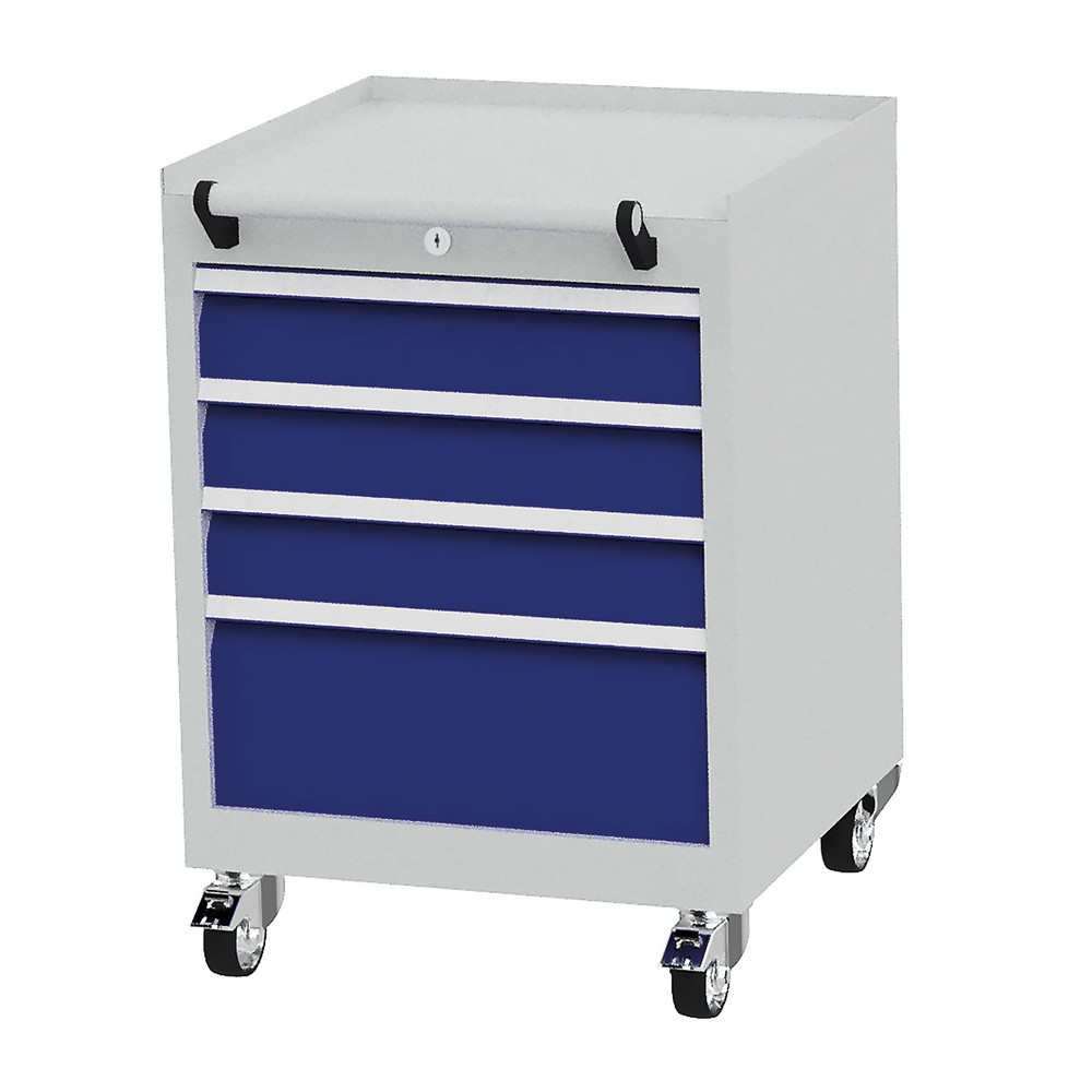 Conteneur à roulettes Bedrunka+Hirth avec capacité de charge de 50 kg par tiroir et extension totale, HxlxP 805 x 530 x 500 mm, bleu gentiane