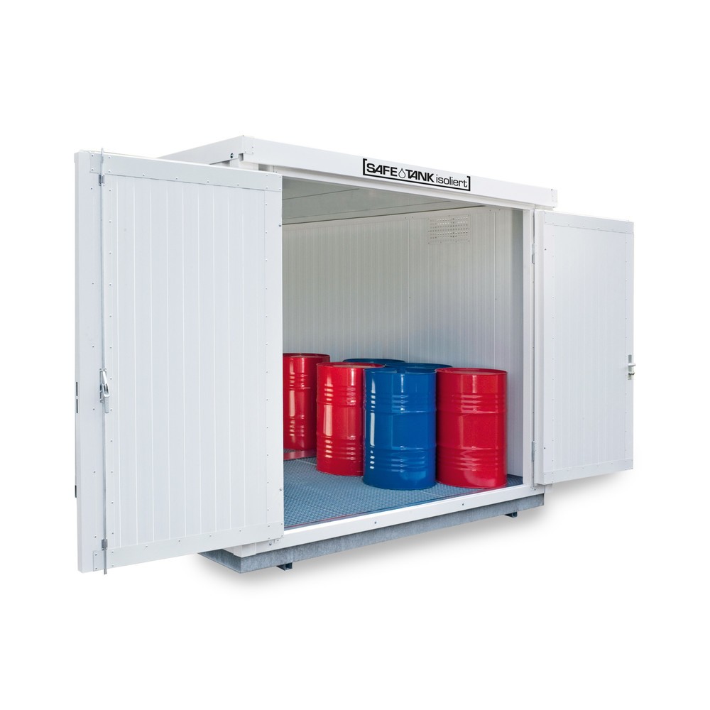 Conteneur pour substances dangereuses SAFE Tank 1350 WGK, isolé, monté, revêtement plastique RAL 9002, dimensions extérieures 4 050x2 170x2 510 mm, porte à doubles battants (division asymétrique), au centre du côté large, porte