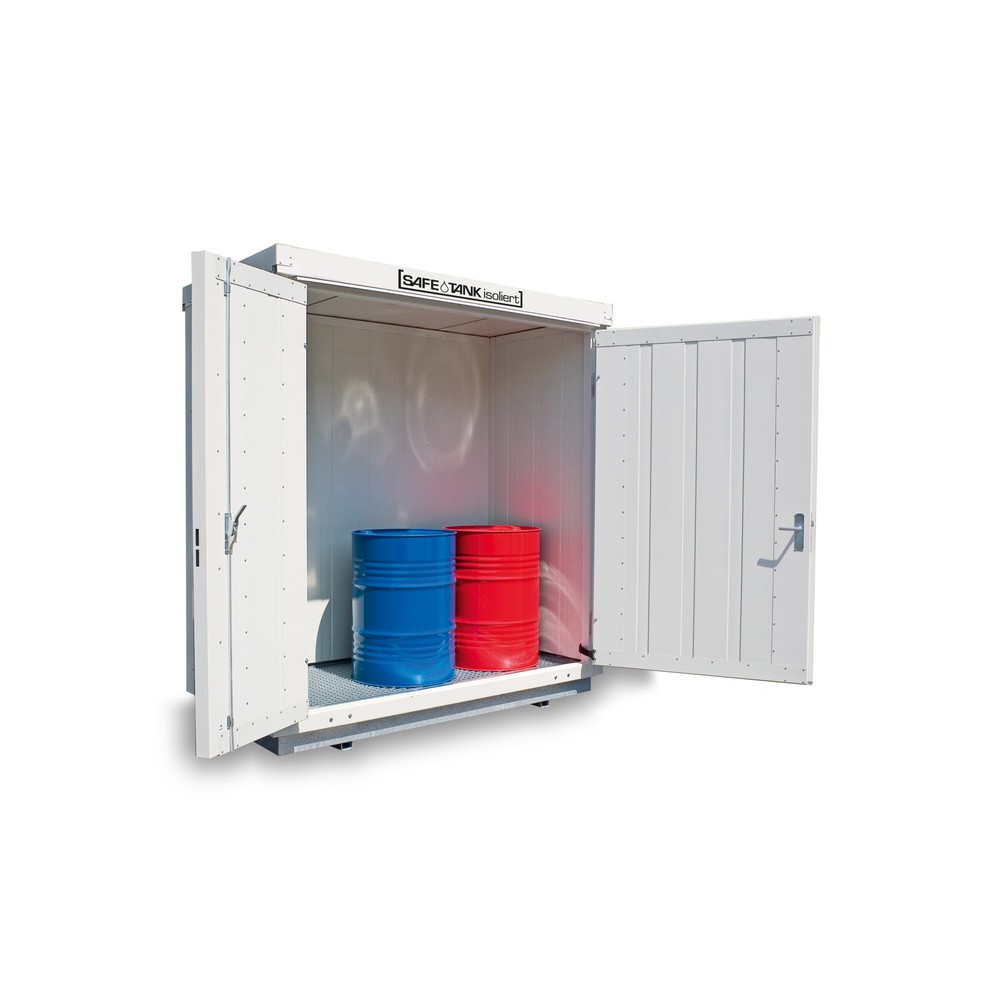 Conteneur pour substances dangereuses SAFE Tank 300 WGK, isolé, monté, revêtement plastique RAL 9002, dimensions extérieures 2 100x1 140x2 520 mm, porte à doubles battants (division asymétrique), au centre du côté large, surface de stockage