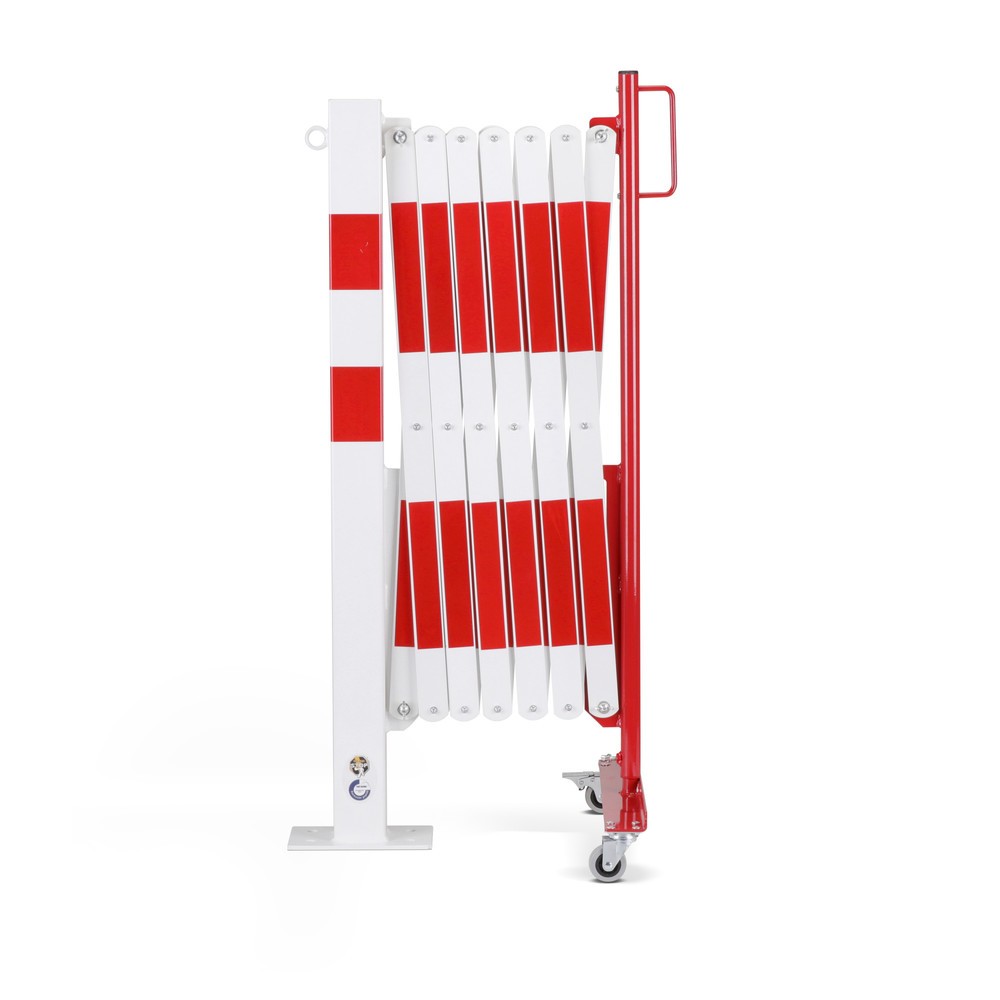 dancop Barrière extensible, 1 pied à roulette, 1 borne, largeur 4 000 mm, rouge/blanc