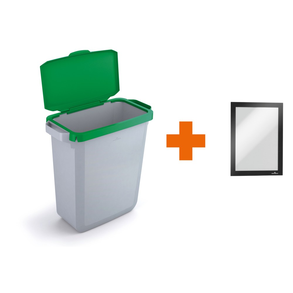 DURABLE Conteneur à déchets DURABIN® 60L avec couvercle rabattable + cadre d’affichage DURAFRAME®, vert