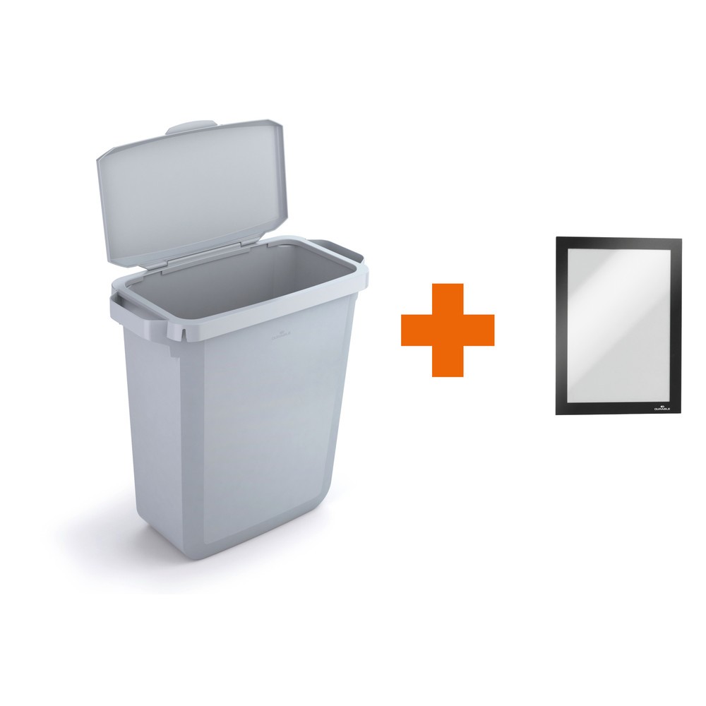 DURABLE Conteneur à déchets DURABIN® 60L avec couvercle rabattable + cadre d’affichage DURAFRAME®, gris