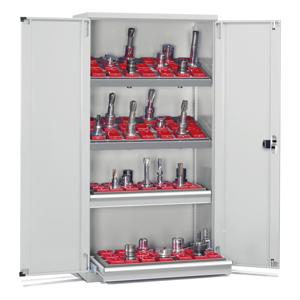 Fami PERFOM Armoire à outils CNC, 2 tiroirs, 2 tablettes, HxlxP 2 000 x 1 023 x 726 mm, 50 supports d'outils ISO 50, gris clair