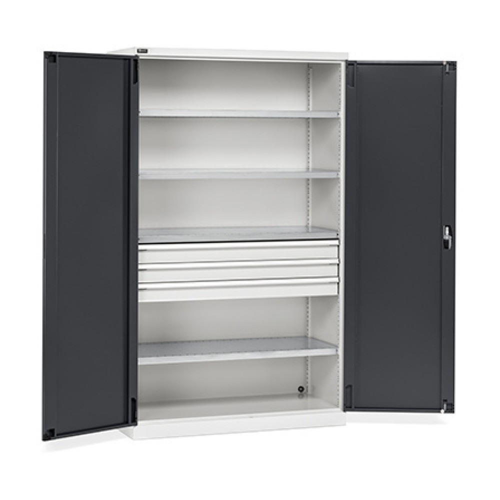 Fami PERFOM Armoire à portes battantes, 3 tiroirs, 4 tablettes, HxlxP 2 000 x 1 193 x 555 mm, gris clair, anthracite