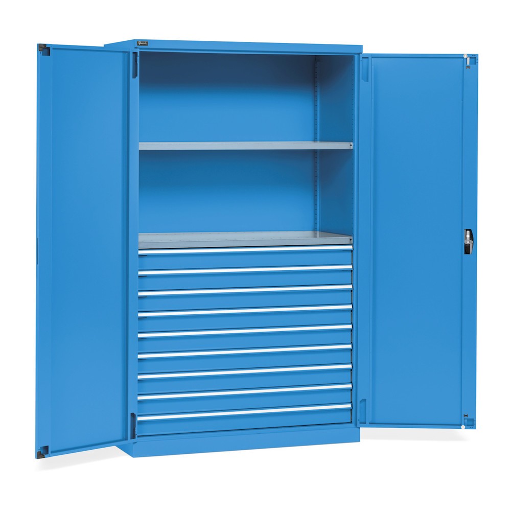 Fami PERFOM Armoire à portes battantes, 9 tiroirs, 2 tablettes, HxlxP 2 000 x 1 193 x 555 mm, bleu clair