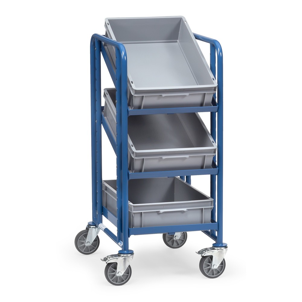 fetra® Chariot à plateaux pour bacs Euro, avec bacs, capacité de charge 250 kg, 3 plateaux de 410 x 610 mm