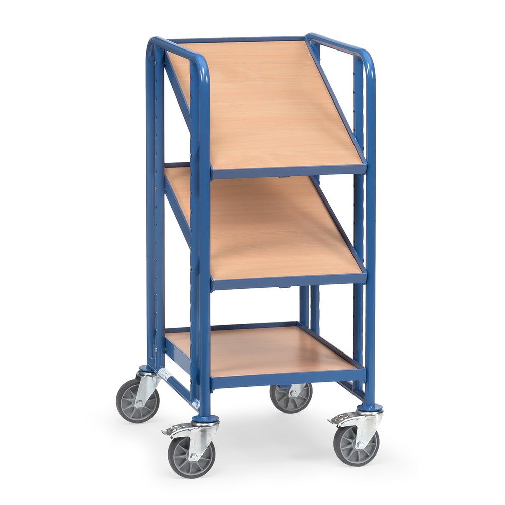 fetra® Chariot à plateaux pour bacs Euro, avec tablettes, capacité de charge 250 kg, 3 plateaux de 410 x 610 mm