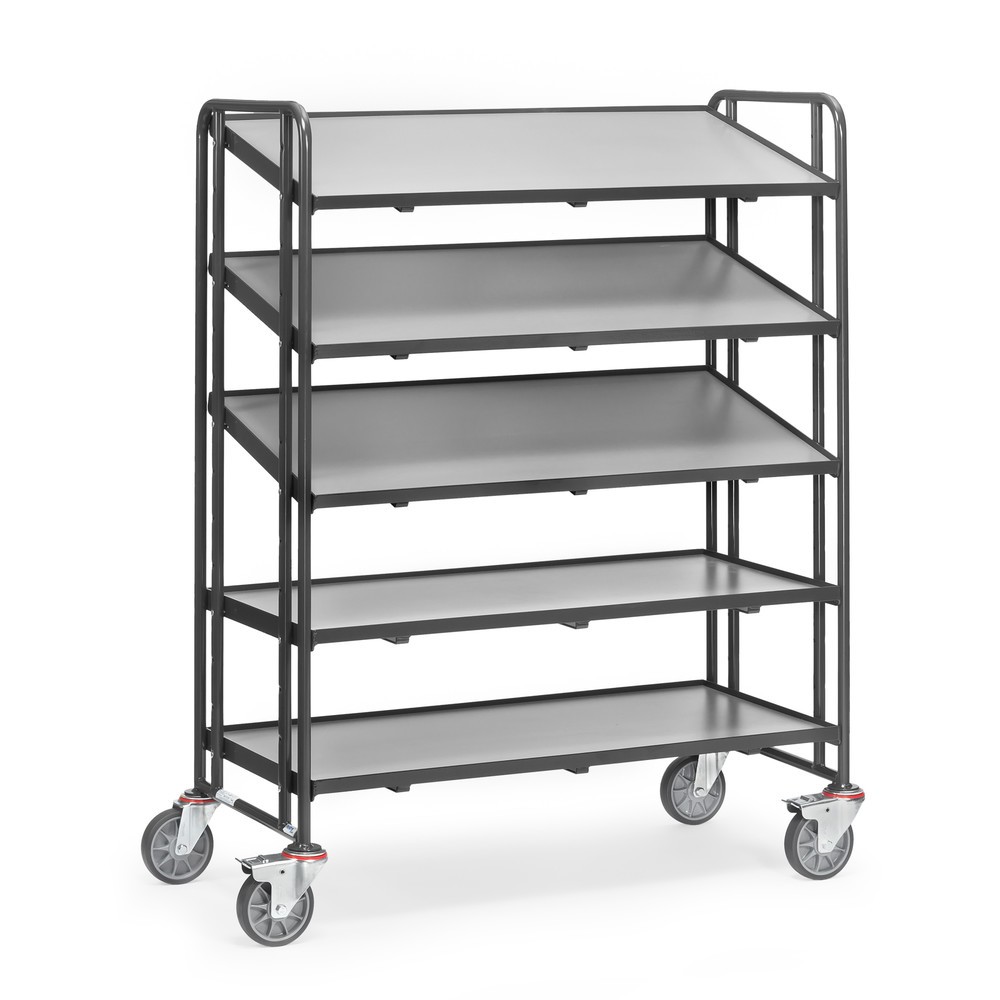 fetra® Chariot à plateaux pour bacs Euro, avec tablettes, capacité de charge 300 kg, 5 plateaux de 1 240 x 610 mm gris anthracite