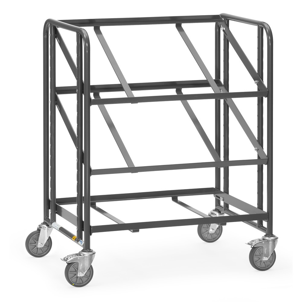 Chariot à plateaux pour bacs Euro ESD fetra®, capacité de charge 250 kg, 3 surfaces de chargement à 610 x 820 mm, sans tablette