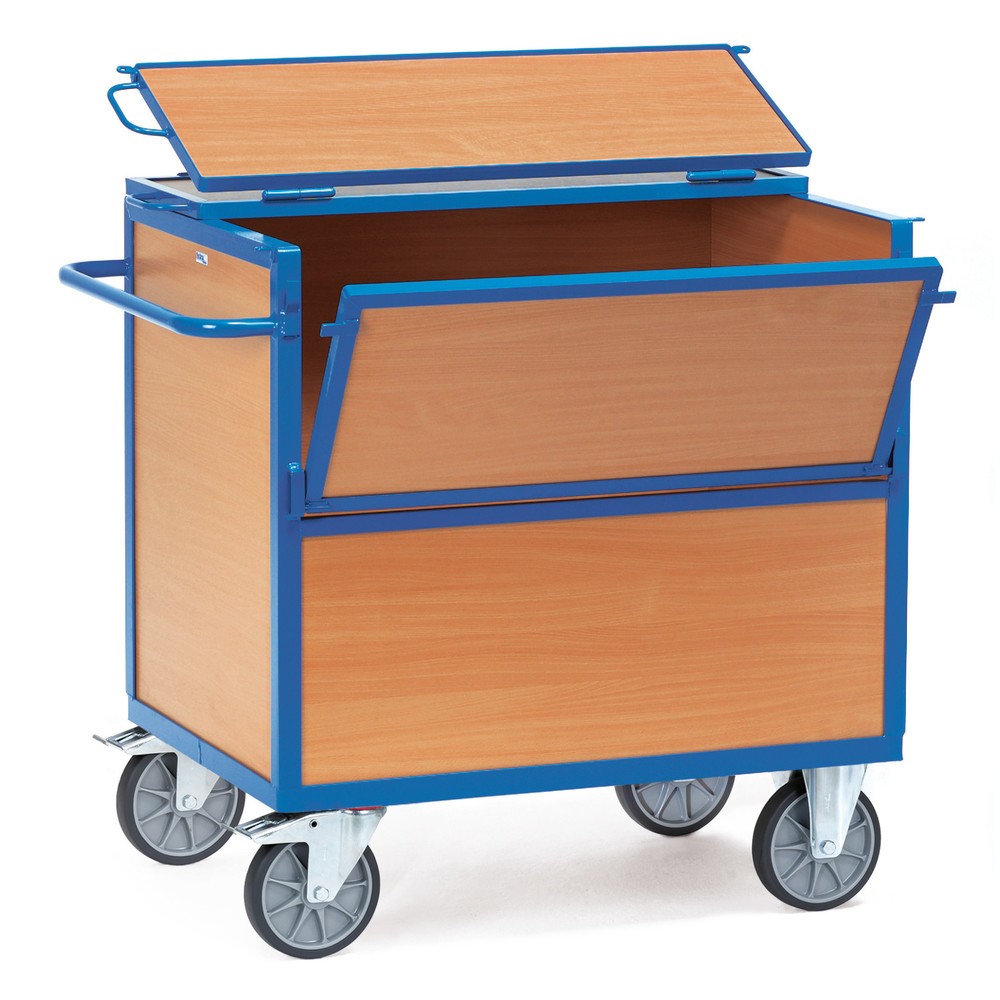 fetra® Chariot-caisse à ridelles en bois, surface de chargement 800 x 1 200 mm, avec couvercle