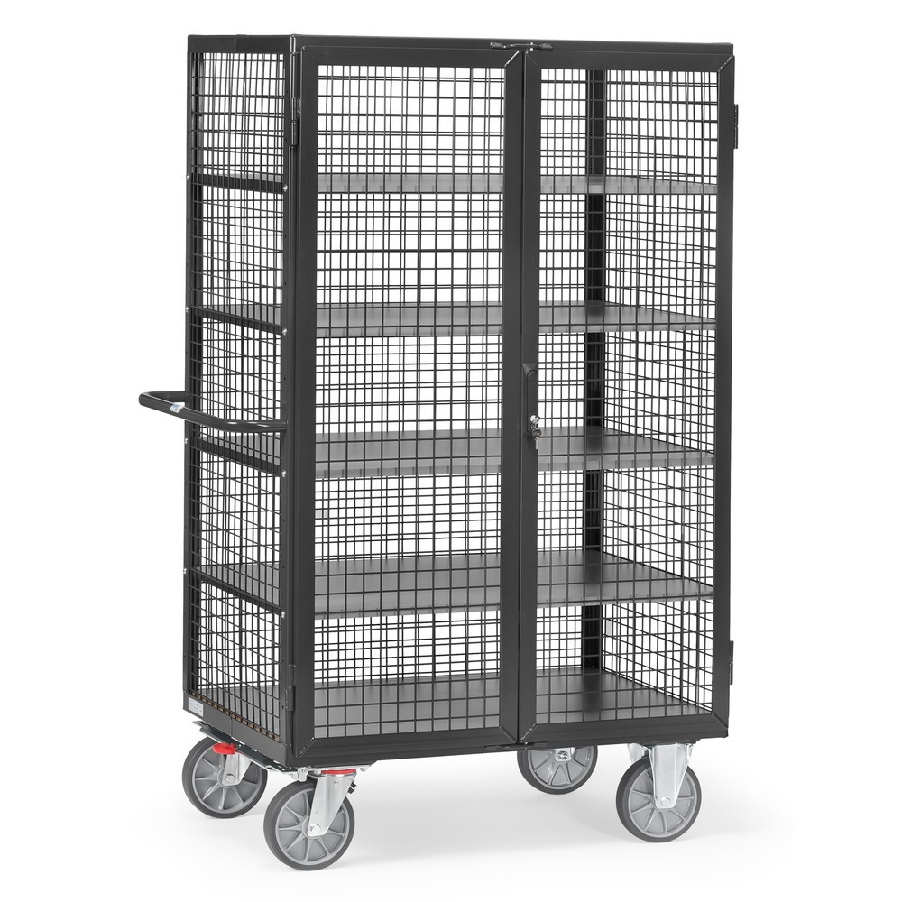 fetra® Chariot fermé, capacité de charge de 750 kg, parois grillagées, porte à doubles battants, 5 plateaux de 1 000 x 680 mm, gris anthracite