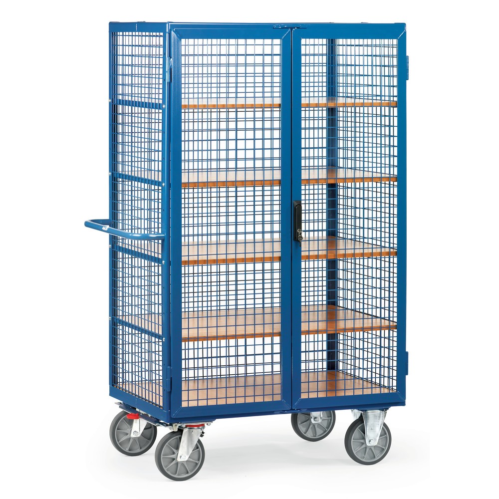 fetra® Chariot fermé, capacité de charge de 750 kg, parois grillagées, porte à doubles battants, 5 tablettes de 1 000 x 680 mm