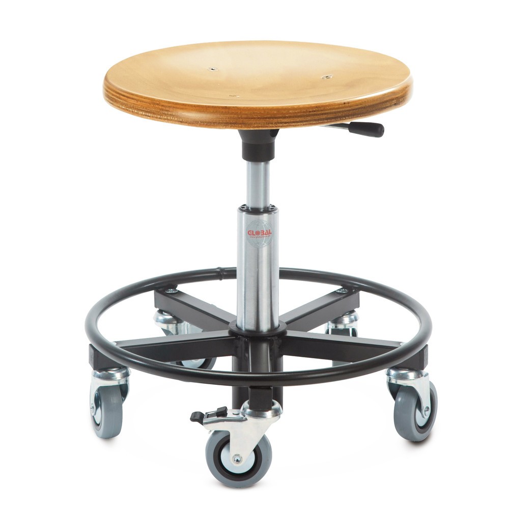 Global Stole A/S Tabouret, assise en bois, Ø 350 mm, hauteur d’assise comprise entre 310 et 380 mm, base acier, anneau repose-pied