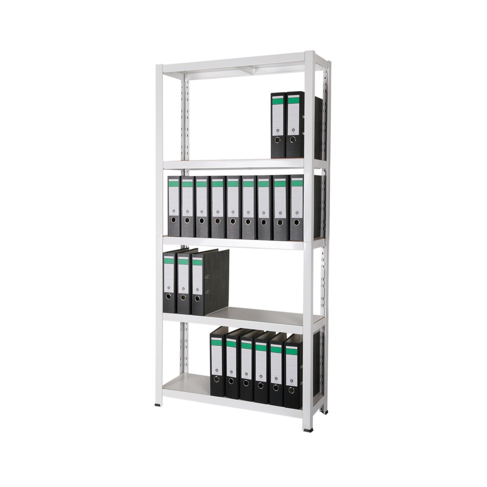 HEMMDAL Étagère à dossiers, système enfichable, HxlxP 1 800 x 900 x 300 mm, 5 tablettes HDF, charge par tablette 150 kg, 55 classeurs max., blanc.