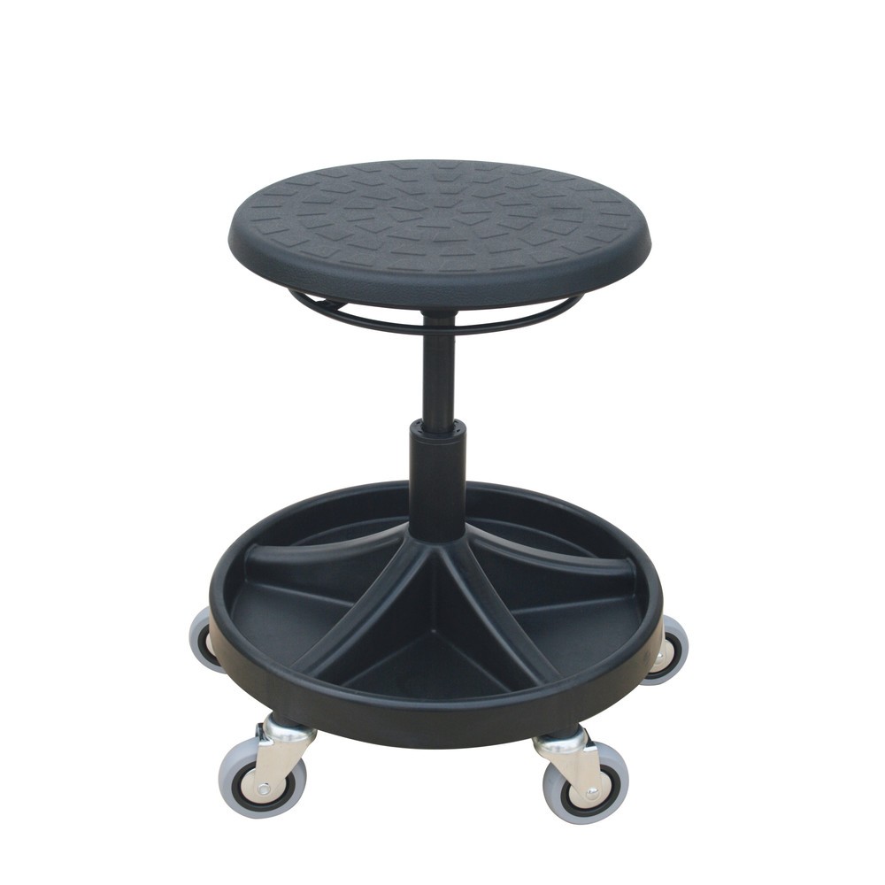 Tabouret pivotant HEMMDAL, siège en PU, hauteur d'assise 400-530 mm, plateau à outils, roulettes