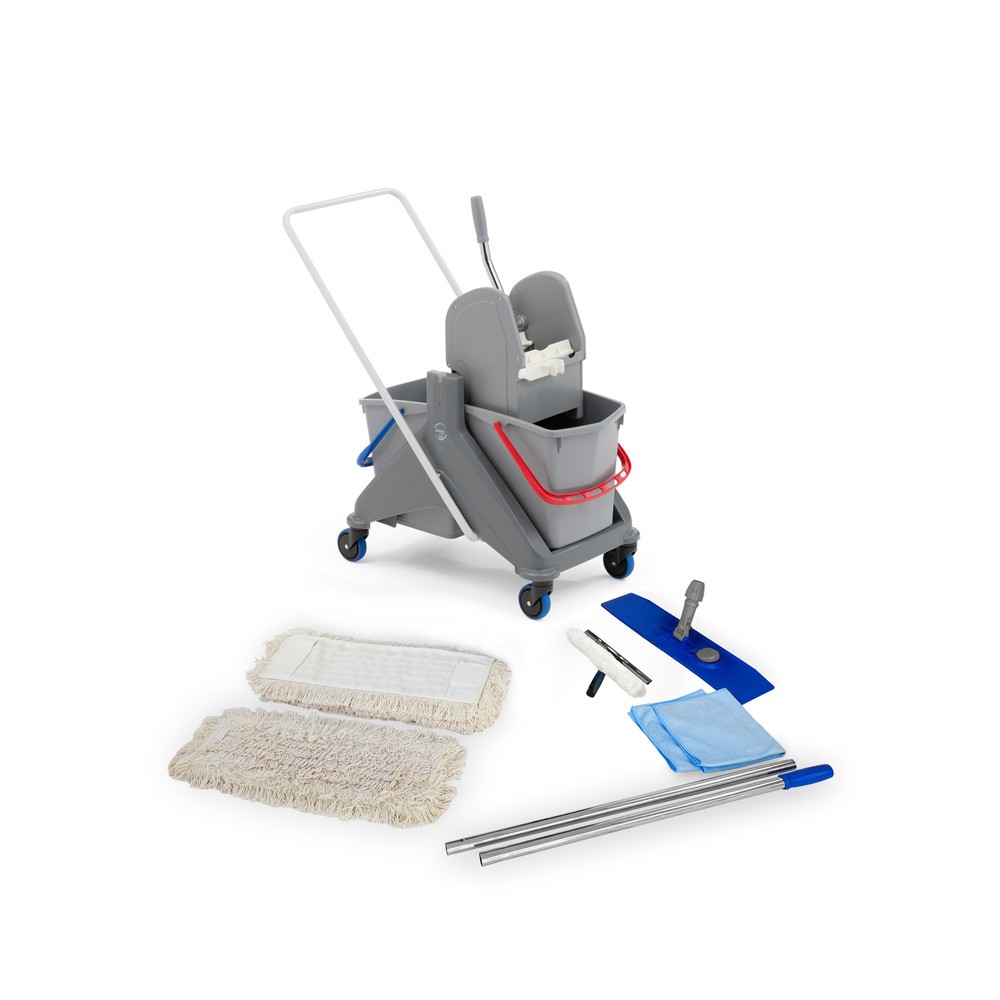 Kit de démarrage professionnel pour chariot de nettoyage Steinbock®, seau double sur roulettes de 2x 15 litres, 5 serpillières en coton de 500 mm, manche chromé en 2 parties, support pliant, 2x chiffons en microfibre et un essuie-vitre combiné