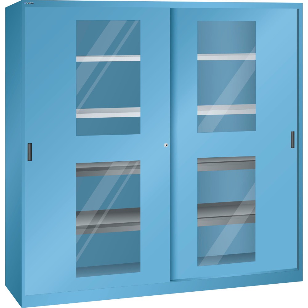 Armoire à portes coulissantes LISTA, (lxPxH) 2 000x580x1 950 mm, 4 rayons extensibles, 4 étagères réglables, vitre transparente, bleu clair