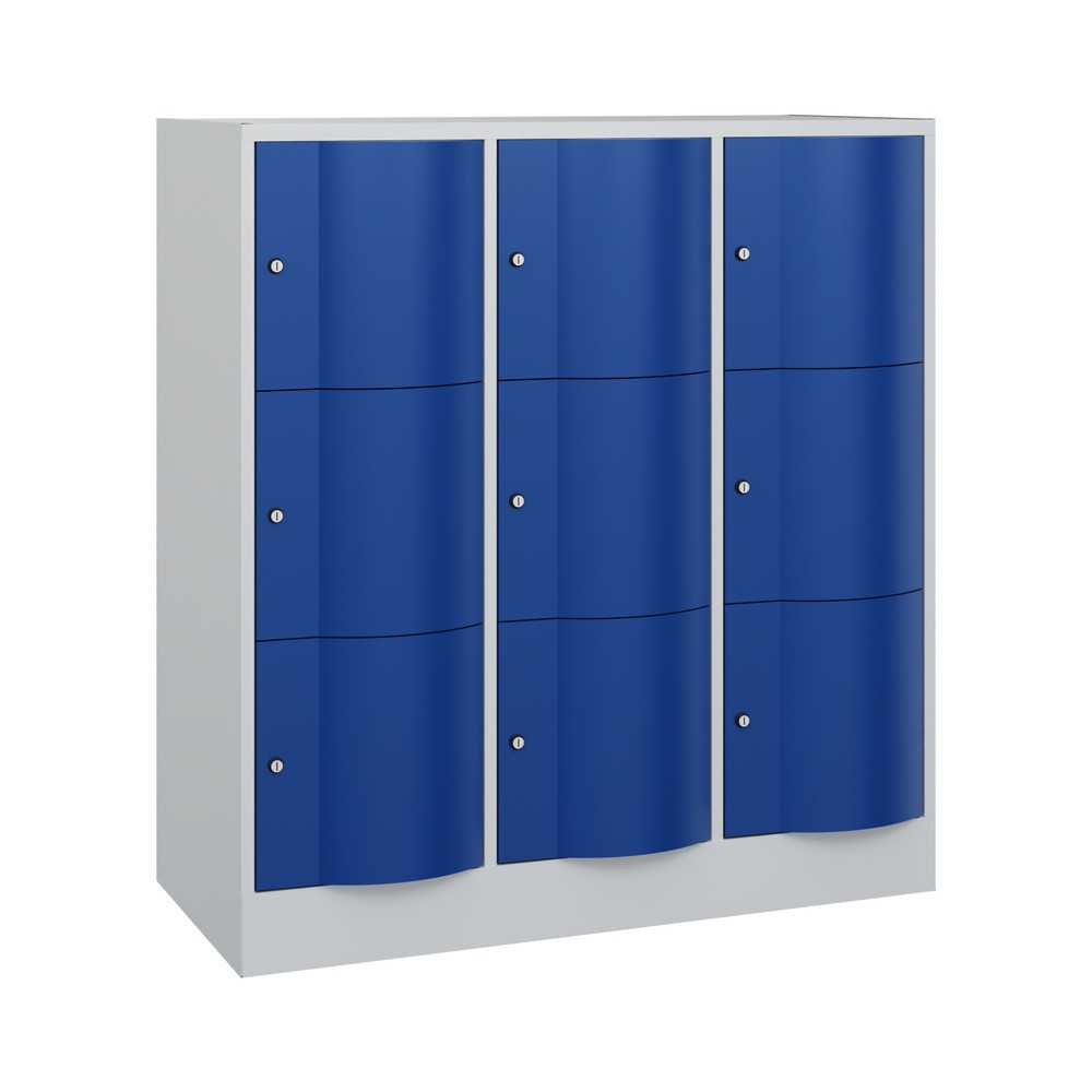 Meuble coffre-fort C+P avec portes « anti-vandalisme », 3 x 3 compartiments, H x l x P 1 225 x 1 150 x 540 mm, gris clair, bleu gentiane