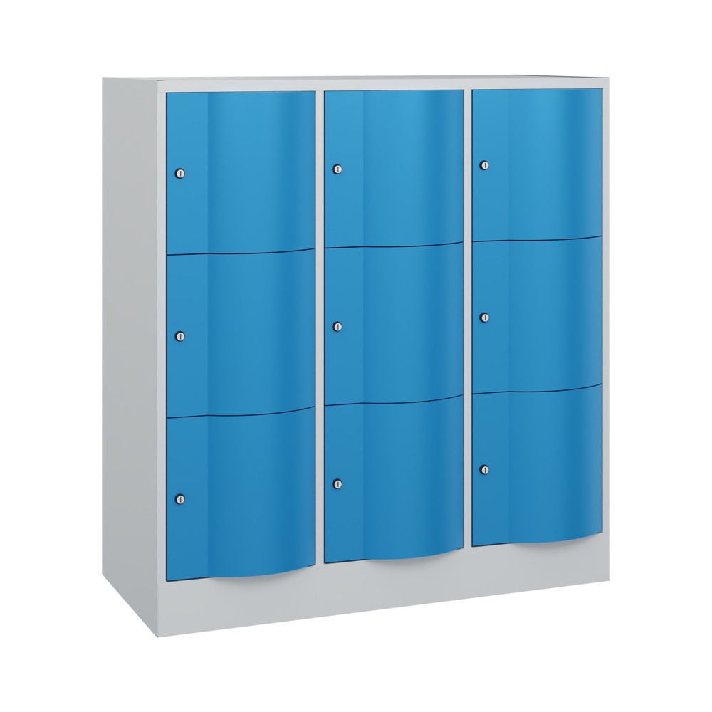 Meuble coffre-fort C+P avec portes « anti-vandalisme », 3 x 3 compartiments, H x l x P 1 225 x 1 150 x 540 mm, gris clair, bleu clair