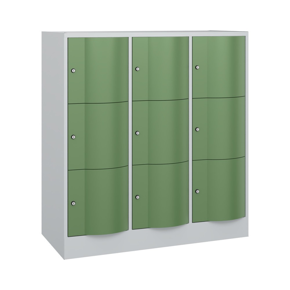 Meuble coffre-fort C+P avec portes « anti-vandalisme », 3 x 3 compartiments, H x l x P 1 225 x 1 150 x 540 mm, gris clair, vert réséda