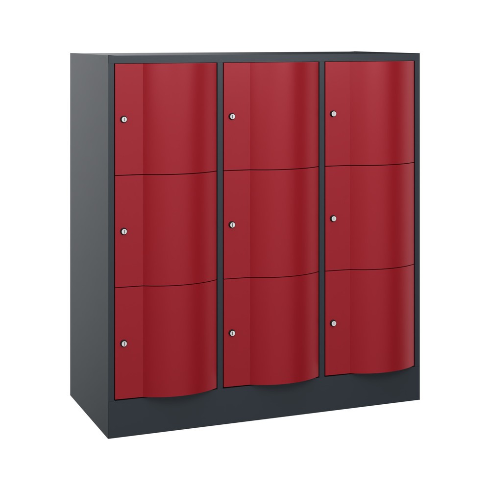 Meuble coffre-fort C+P avec portes « anti-vandalisme », 3 x 3 compartiments, H x l x P 1 225 x 1 150 x 540 mm, gris anthracite, rouge rubis