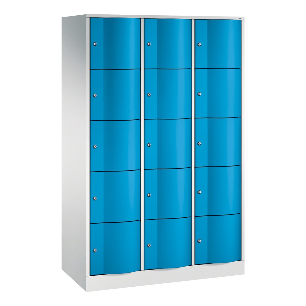 Meuble coffre-fort C+P avec portes « anti-vandalisme », 3 x 5 compartiments, H x l x P 1 950 x 1 150 x 540 mm, gris clair, bleu clair