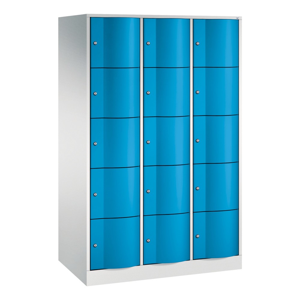 Meuble coffre-fort C+P avec portes « anti-vandalisme », 3 x 5 compartiments, H x l x P 1 950 x 1 150 x 640 mm, gris clair, bleu clair