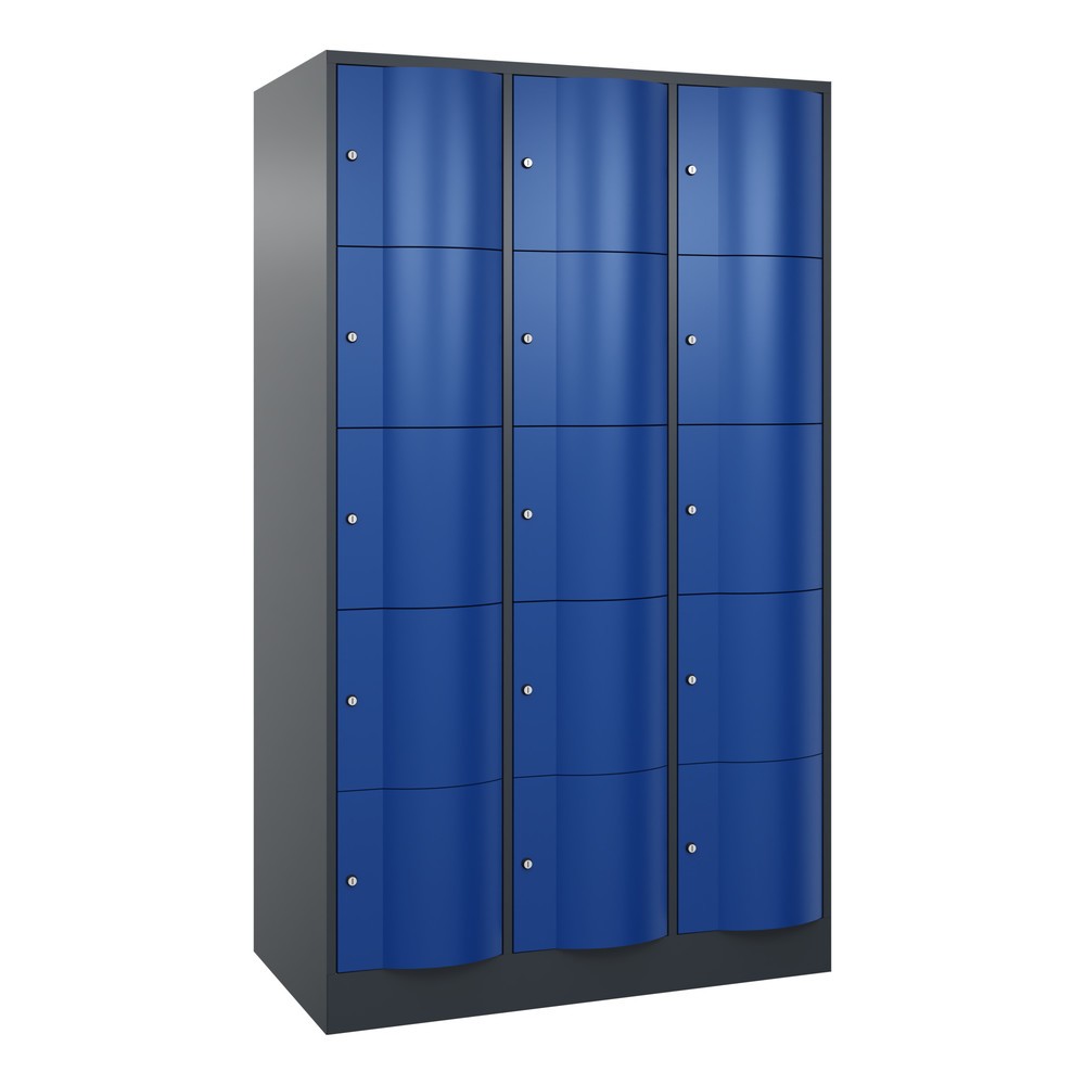 Meuble coffre-fort C+P avec portes « anti-vandalisme », 3 x 5 compartiments, H x l x P 1 950 x 1 150 x 640 mm, gris anthracite, bleu gentiane