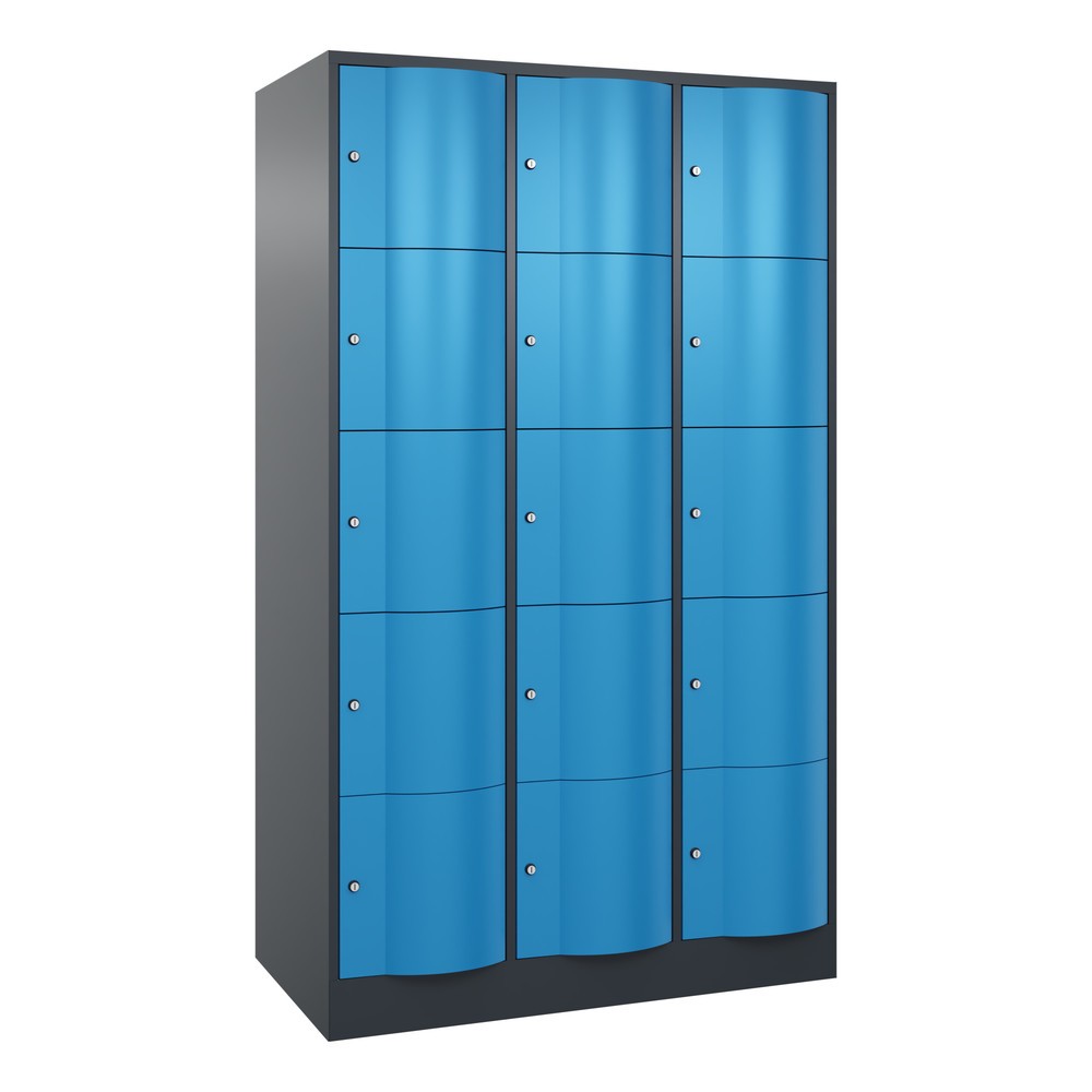 Meuble coffre-fort C+P avec portes « anti-vandalisme », 3 x 5 compartiments, H x l x P 1 950 x 1 150 x 640 mm, gris anthracite, bleu clair