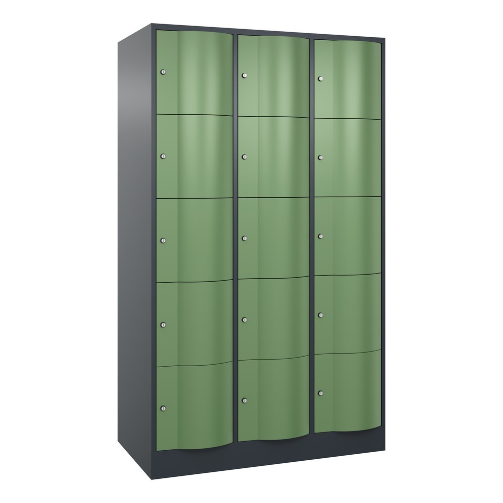 Meuble coffre-fort C+P avec portes « anti-vandalisme », 3 x 5 compartiments, H x l x P 1 950 x 1 150 x 640 mm, gris anthracite, vert réséda