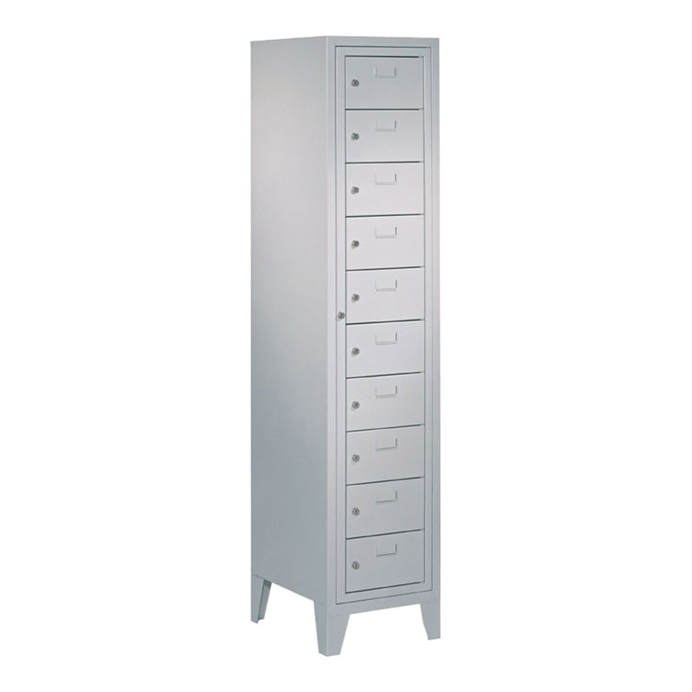 Meuble coffre-fort PAVOY avec porte centrale, 1 x 10 compartiments, H x l x P 1 850 x 400 x 500 mm, avec pieds, gris clair, gris clair