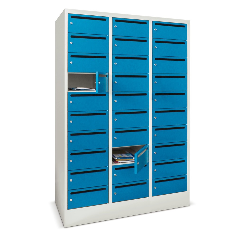 Meuble de tri du courrier PAVOY, 3 x 10 compartiments, H x l x P 1 850 x 930 x 500 mm, bleu clair, rouge feu