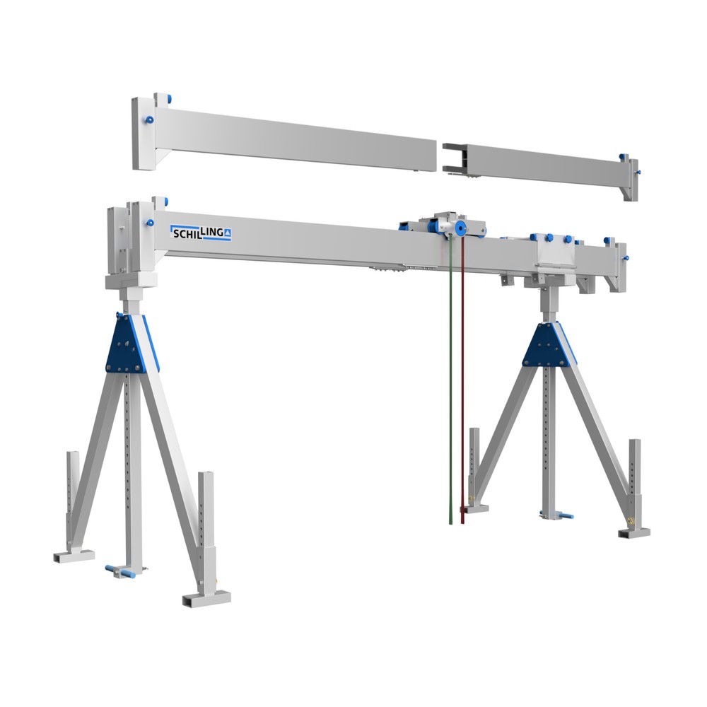 Portique de levage en alu avec double traverse divisible, point d’accrochage 2 786-4 336 mm, capacité de charge 2 000 kg