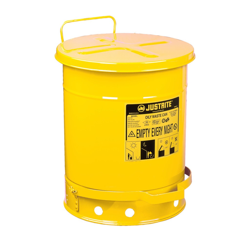 Poubelle d'établi Justrite, pédale, jaune, 34 litres