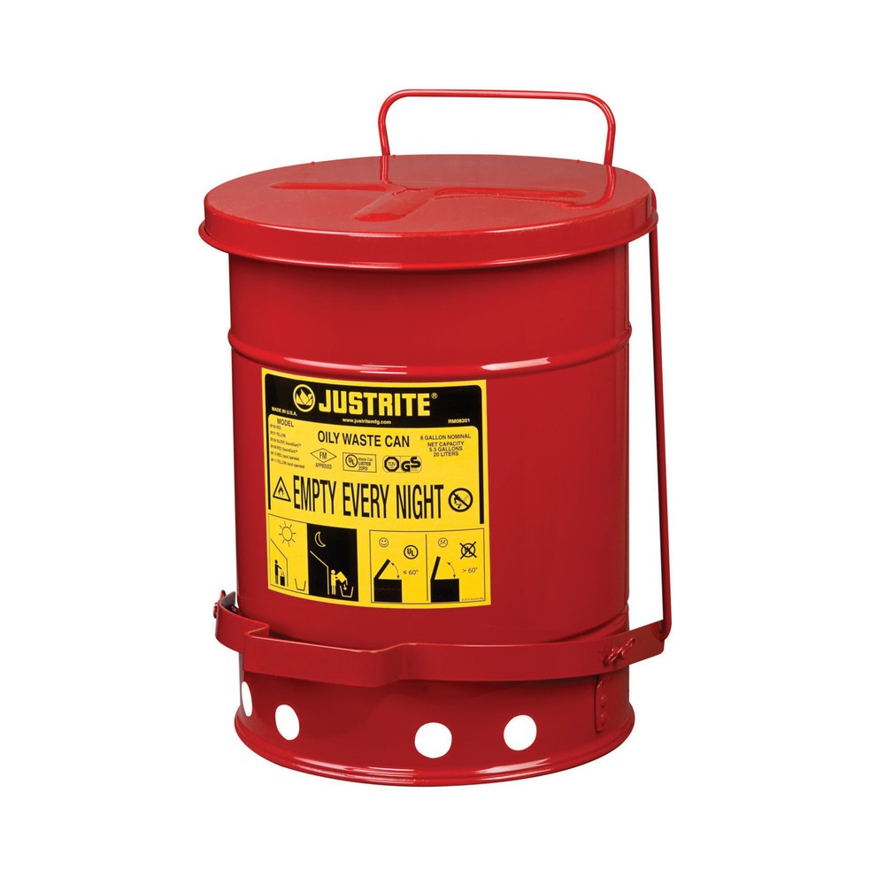 Poubelle d'établi Justrite SoundGuard™, pédale, rouge, 20 litres