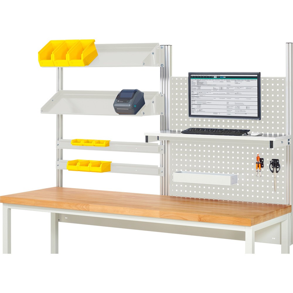 Numéro de l'image du produit 1: RAU Structure système, HxlxP 1 130 x 2 000 x 350 mm, avec 1 étagère, 2 rails de fixation, 2 tablettes en métal inclinables et 1 support pour écran plat, jeu complet 05 pour largeur de produit 2 000 mm