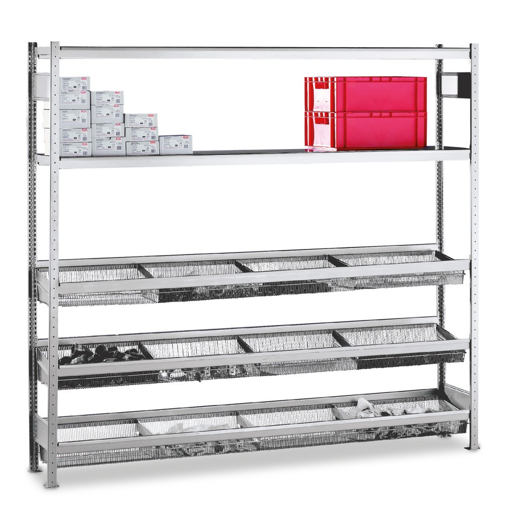 Rayonnage à tablettes SCHULTE avec paniers grillagés, travée auxiliaire, HxlxP 2 500 x 2 000 x 400 mm, CT 400 kg