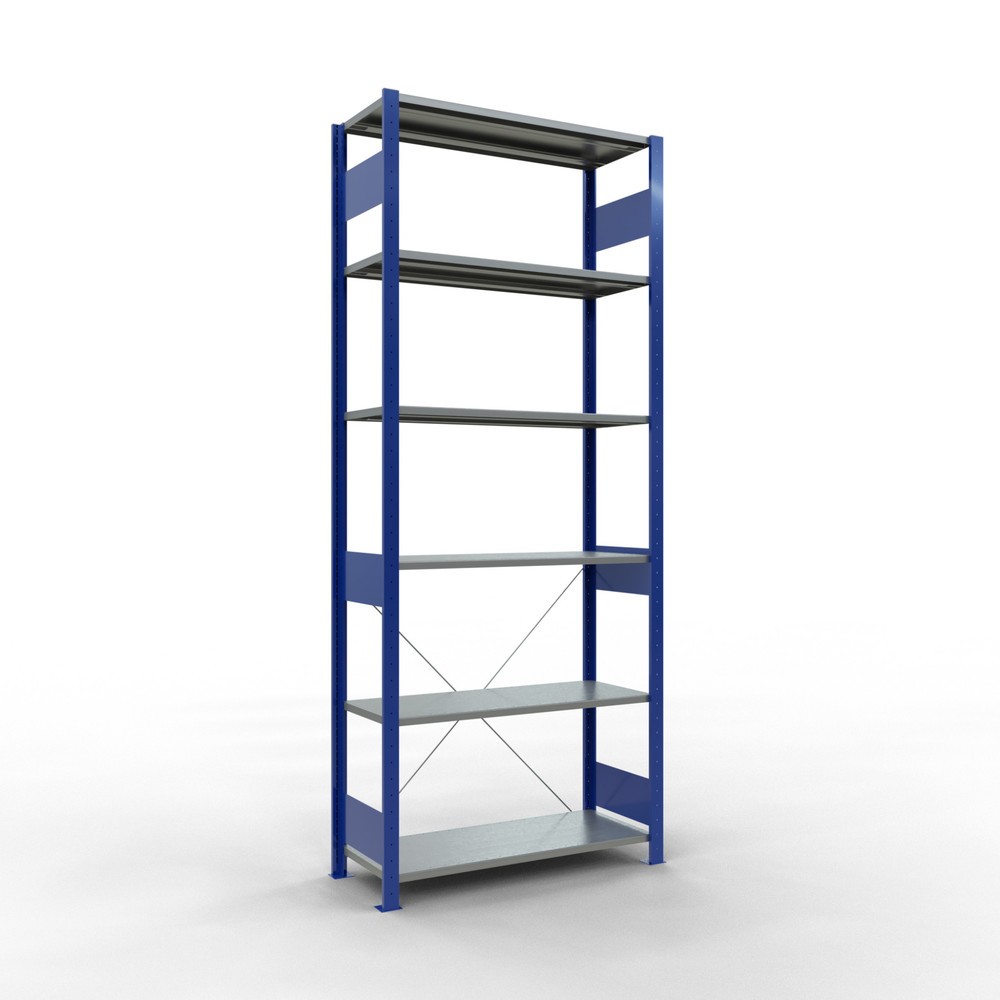 Rayonnage à tablettes SCHULTE, système enfichable, module de base, CT 150 kg, bleu gentiane/galvanisé, H x l x P 2 500 x 1 000 x 400 mm