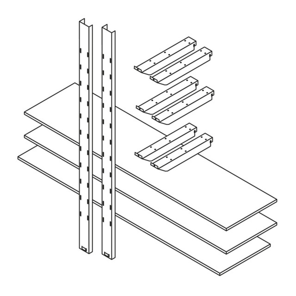 Rayonnage de stockage 2 000 - 3 niveaux, pour conteneurs de matériel XL + XXL, 3 niveaux, 2 colonnes de rayonnage, 6 bras porteurs en tôle d'acier galvanisée, 3 tablettes en bois 2 000 x 500 mm