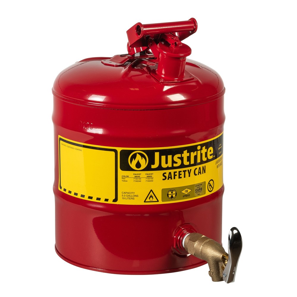 Récipient doseur de sécurité Justrite, robinet de soutirage en laiton 3/4", rouge, 19 litres