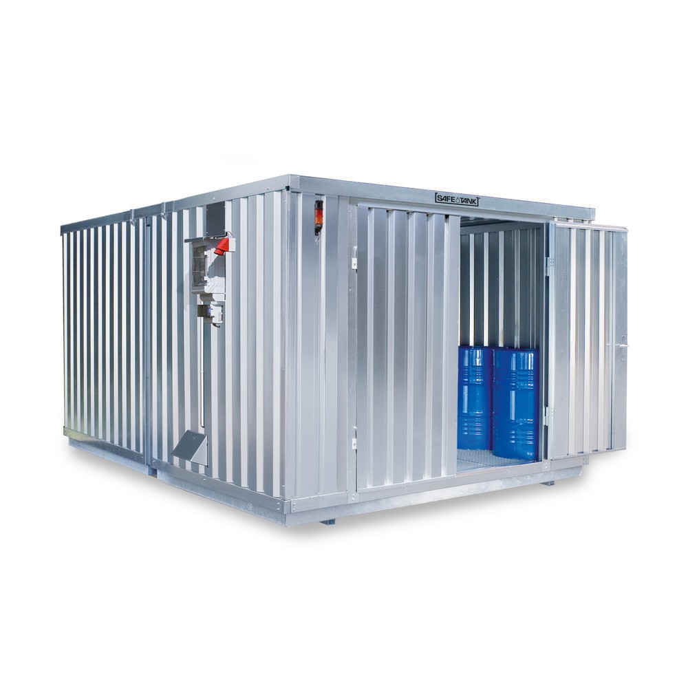 Conteneur pour substances dangereuses SAFE Tank 2000 CONTROL, dispositif antidéflagrant automatisé pour une efficacité énergétique et une sécurité maximales, dimensions extérieures 3 350x4 340x2 310 mm, porte à doubles battants (division