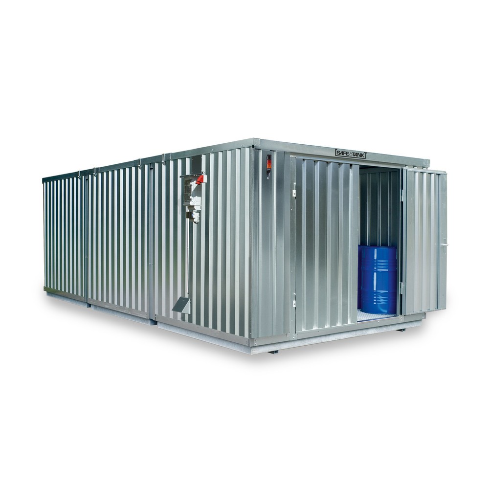 Conteneur pour substances dangereuses SAFE Tank 4000 CONTROL, dispositif antidéflagrant automatisé pour une efficacité énergétique et une sécurité maximales, dimensions extérieures 5 380x4 340x2 300 mm, porte à doubles battants (division