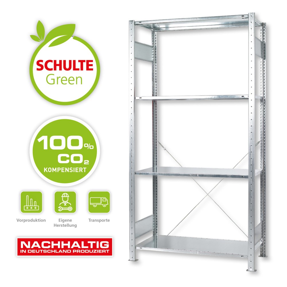 SCHULTE Green Rayonnage à tablettes, montage par enfichage, module de base, charge par tablette 150 kg, galvanisé, H x l x P 2 000 x 1 000 x 400 mm