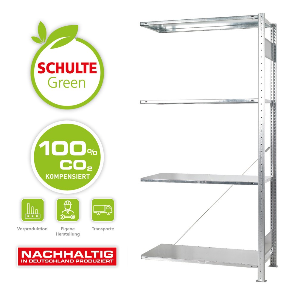 SCHULTE Green Rayonnage à tablettes, montage par enfichage, travée auxiliaire, charge par tablette 150 kg, galvanisé, HxlxP 2 000 x 1 000 x 600 mm