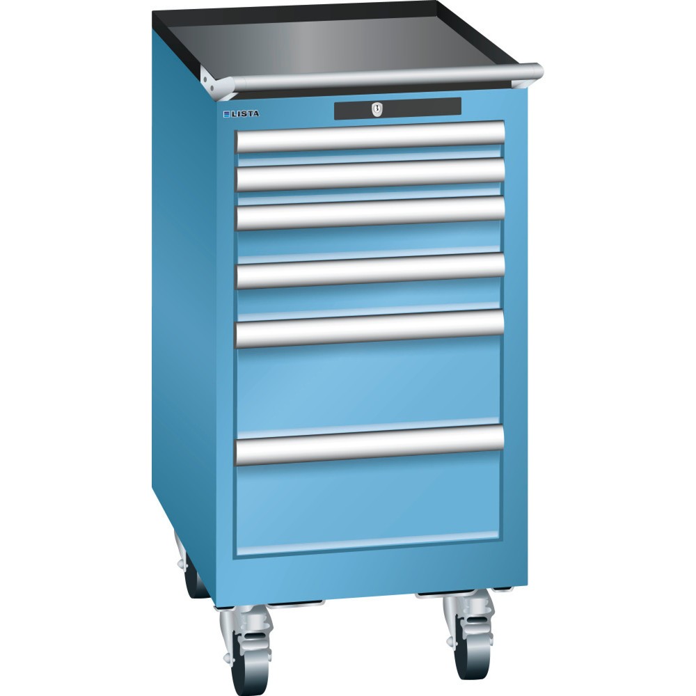 Servante d'atelier LISTA 18x27E, (lxPxH) 411x572x840 mm, 6 tiroirs, 2 x 50 / 2 x 75 / 2 x 150, bleu clair, KEY Lock