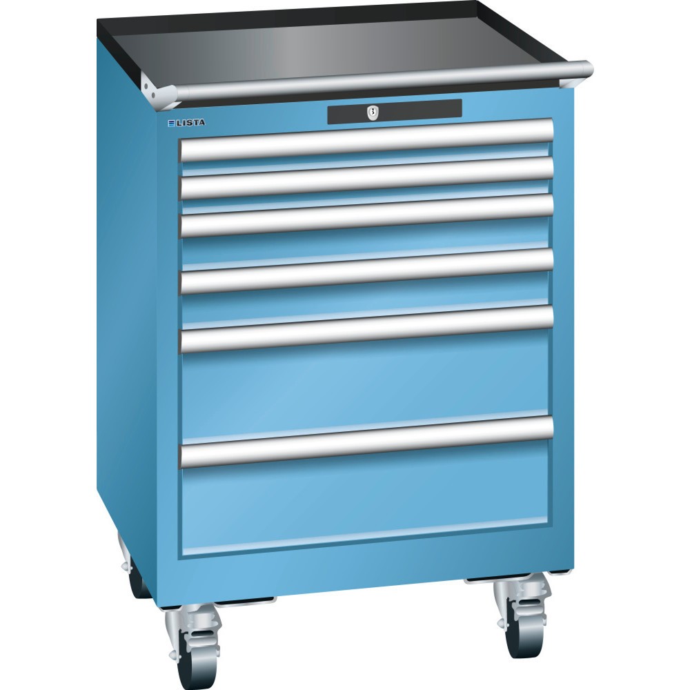 Servante d'atelier LISTA 27 x 27E, (lxPxH) 564x572x840 mm, 6 tiroirs, 2 x 50 / 2 x 75 / 2 x 150, bleu clair, KEY Lock