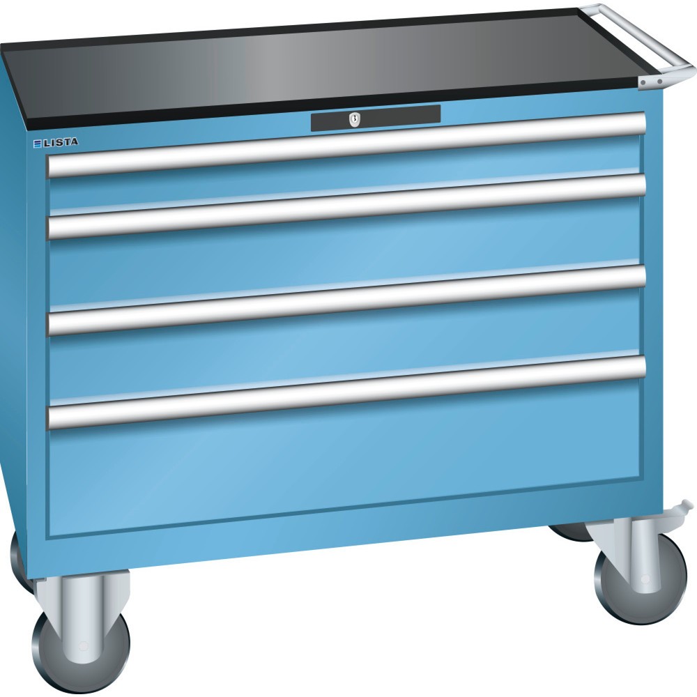 Servante d'atelier LISTA 54x27E, (lxPxH) 1 023x572x962 mm, 4 tiroirs, 1 x 100 / 2 x 150 / 1 x 200, bleu clair, KEY Lock